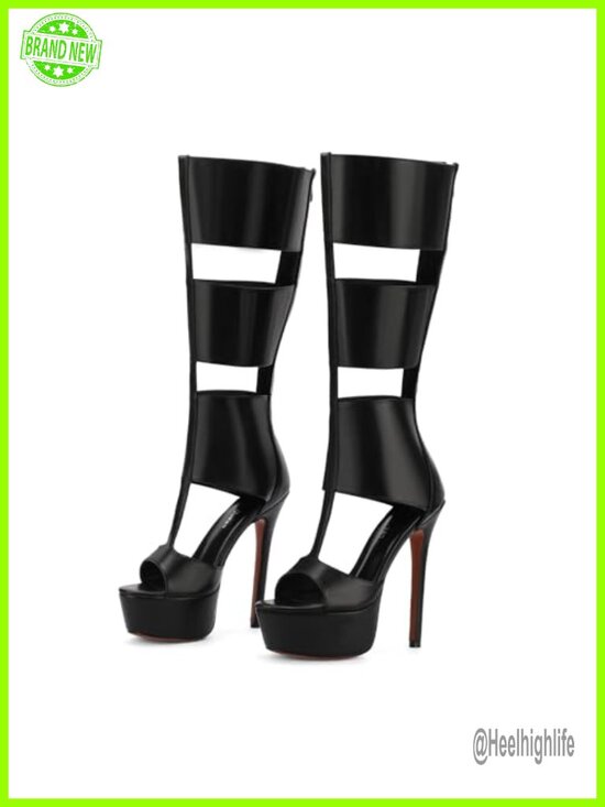 Shoes - Faux Leather Platform Knee High Heels for Women, Gladiator Open Toe Summer
